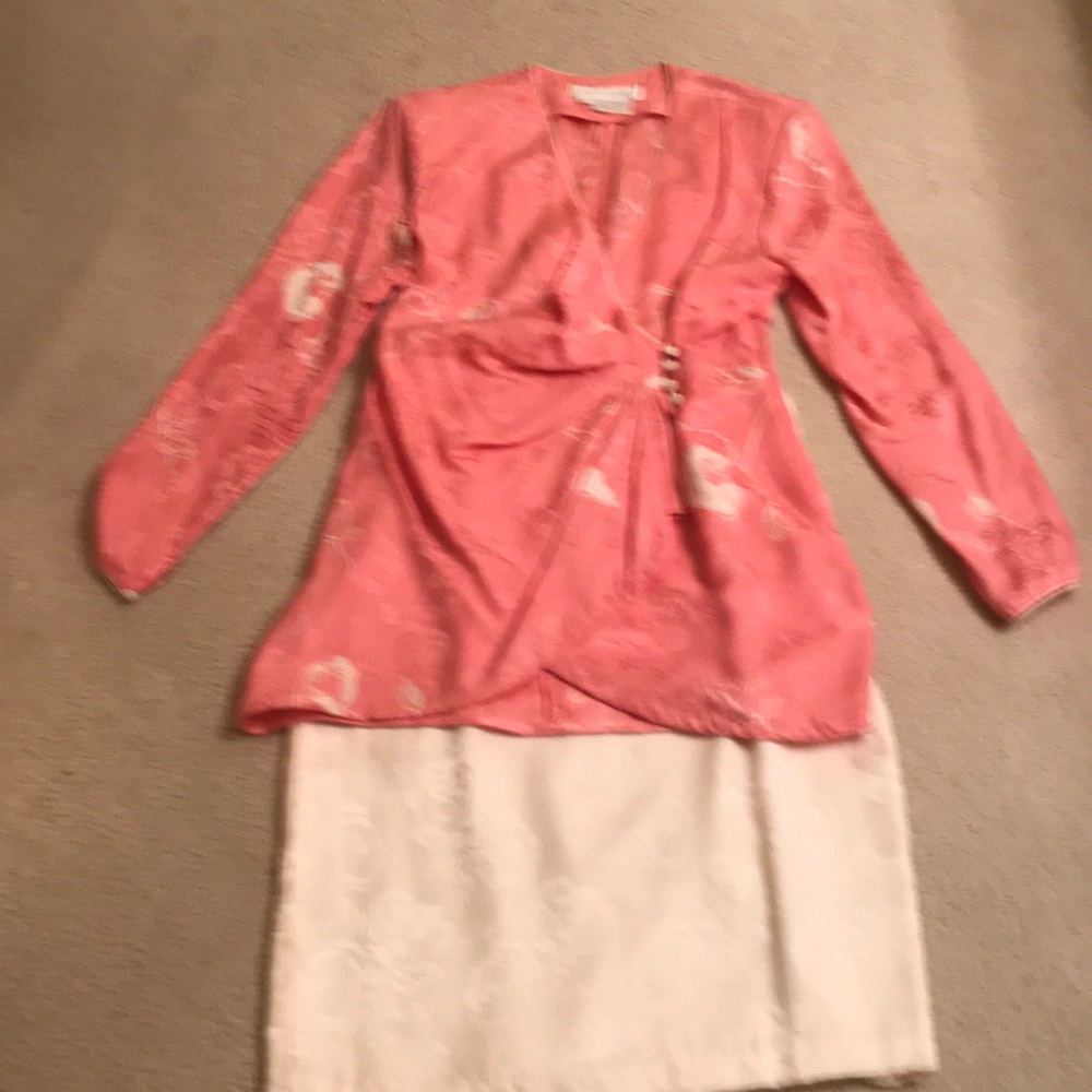 Two Piece Pink and Cream Suit Floral Print Top